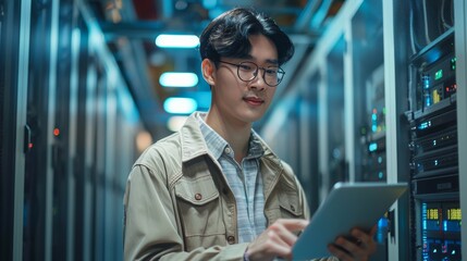 Young Man Using a Tablet in a Data Center - A young man in a beige jacket uses a tablet computer while standing next to a server rack in a brightly lit data center.
