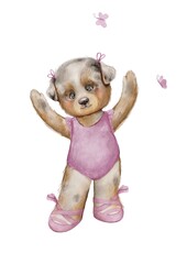 puppy ballet dancer watercolor illustration