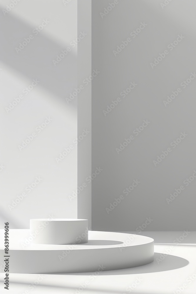 Poster a clean, white, modern platform with a light gray gradient drop shadow is illuminated by sunlight st