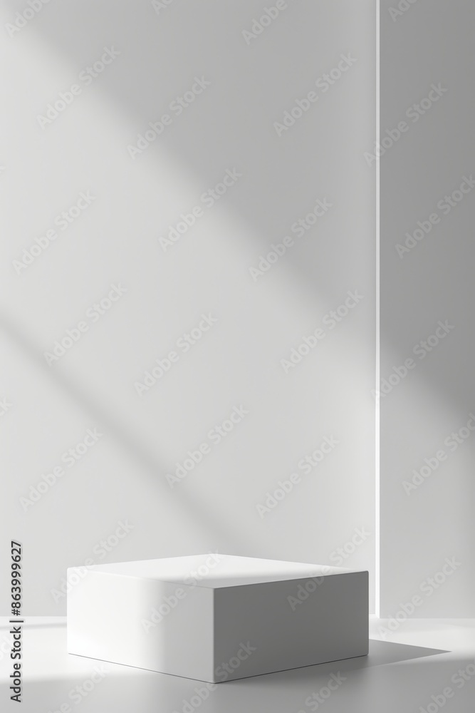 Poster A sleek white platform sits on a minimalist white background with subtle shadows cast by sunlight streaming through a window