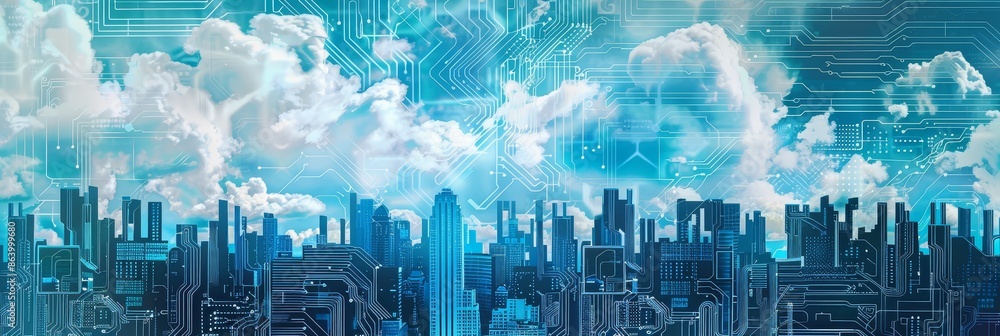 Poster cityscape with circuitry and clouds - an abstract cityscape illustration with blue circuit board pat