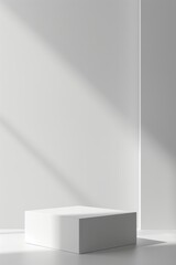 Fototapeta premium A sleek white platform sits on a minimalist white background with subtle shadows cast by sunlight streaming through a window