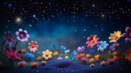 Decorative glowing toy flowers grow against a starry night sky backdrop