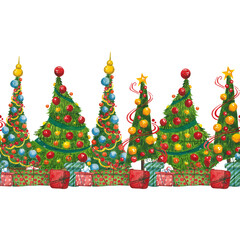 Pattern, watercolor illustration, hand drawn. Holiday, New Year, Christmas, December.  Christmas tree, Christmas tree toys, garland, gifts, ribbon