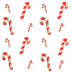 Pattern, watercolor illustration, hand drawn. Holiday, New Year, Christmas. Sweets, caramel, candy, sugar cane
