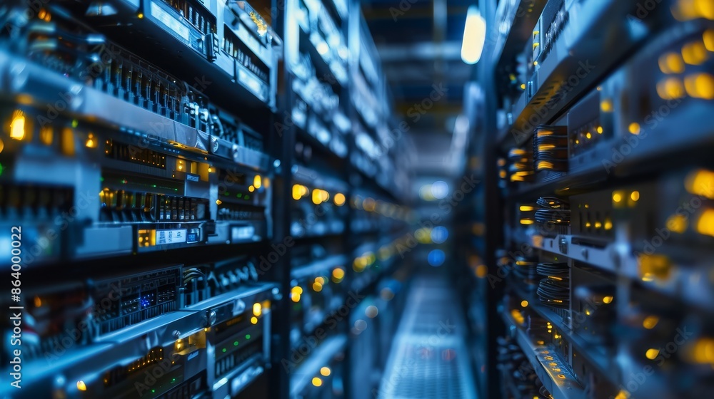 Poster server racks in a data center - close-up view of server racks in a data center, lit by glowing light