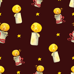 Seamless pattern of burning candles with and without red ribbon and yellow stars on a dark background. Watercolor illustration, hand drawn in childish style. Candle, red, ribbon, bow, light, fire