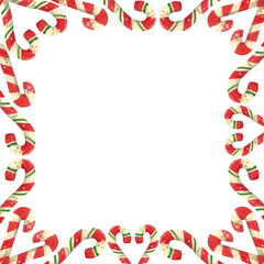 Watercolor illustration, hand drawn. The frame is square.  Holiday, New Year, Christmas, 
sweets, candy, sugar cane, Christmas sweets,  sweet