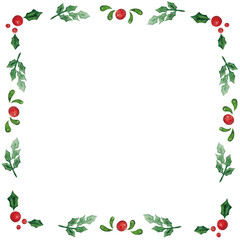 Watercolor illustration, hand drawn. Holiday, new year, christmas, plants. Holly square frame