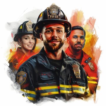 Portrait of Three Firefighters in Uniform - Three firefighters, two men and one woman, stand in a portrait wearing their uniforms with a dramatic, colorful, stylized background.