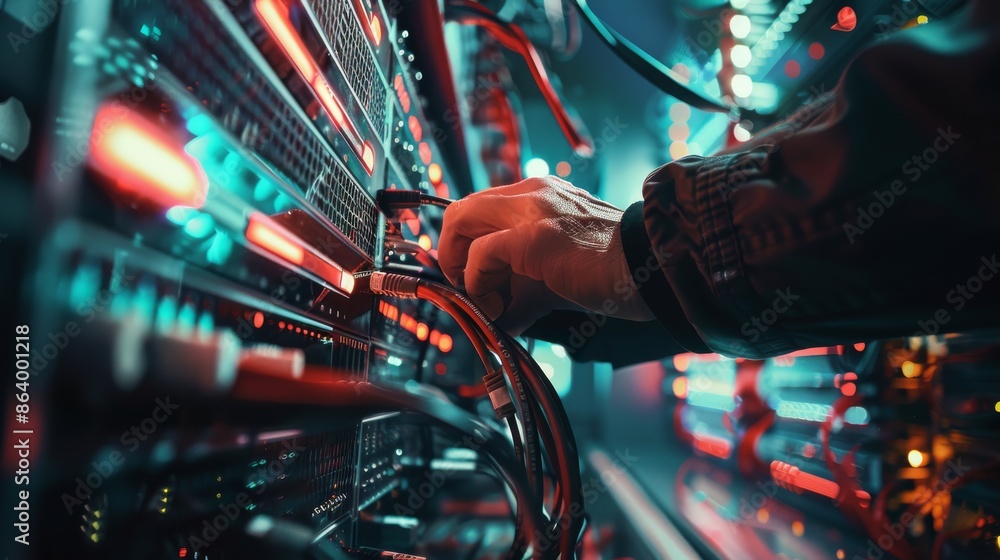 Poster a close-up shot of a technician working on a server rack in a modern data center. the technicians ha