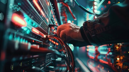 A close-up shot of a technician working on a server rack in a modern data center. The technicians hand is visible, connecting a cable to the rack