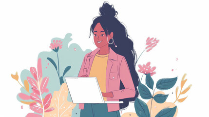 A young woman is using her laptop. She is standing and smiling.
This is a cartoon-like illustration representing a computer technology concept.