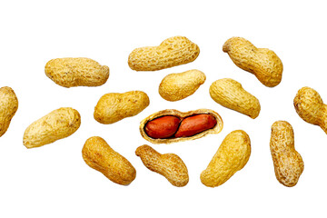 Roasted peanuts in shell on white background.