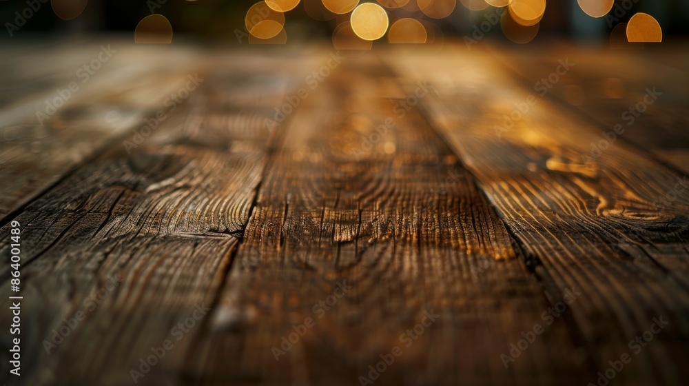 Poster a close-up shot of an empty rustic wooden table with a soft, blurred background of abstract bokeh li