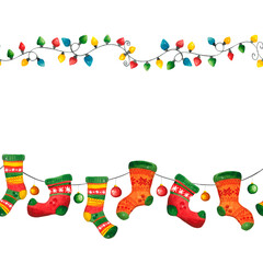Seamless pattern, border, festive, New Year, Christmas. Hand drawn watercolor illustration.
Holiday, new year, christmas, garland, lanterns, color, bright, banner
