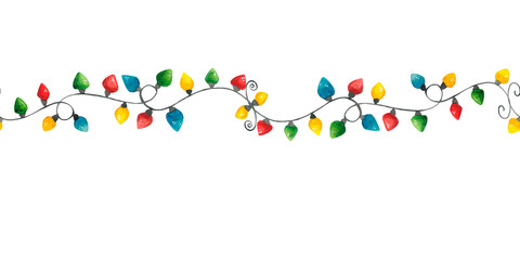 Seamless pattern, border, festive, New Year, Christmas. Hand drawn watercolor illustration.
Holiday, new year, christmas, garland, lanterns, color, bright, banner