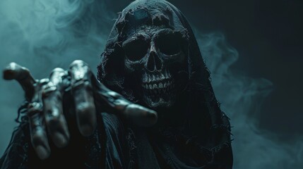 Frightening Reaper with a skull mask, extending a hand from a dark hooded cloak, dark background setting the eerie tone