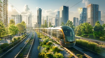 Fototapeta premium Future cityscape with electric public transport, smart energy grids, and interconnected smart networking technologies optimizing urban mobility
