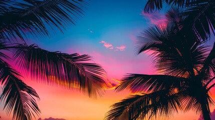 A close-up photo showcasing the silhouette of palm trees against a vibrant tropical sunset
