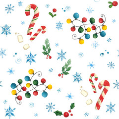 Seamless pattern with a Christmas theme, with garlands of light bulbs, sugar canes and marshmallows. Hand drawn watercolor illustration. holiday, new year, christmas, snowflake, winter, comfort, candy