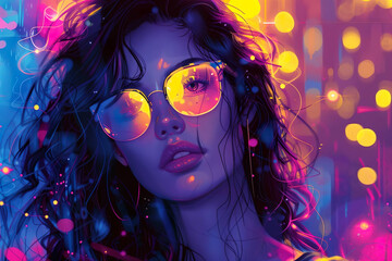 Fototapeta premium Neon Dreams: Vibrant Portrait of a Woman in glasses. Portrait of a glamour woman in neon lights. Generative AI