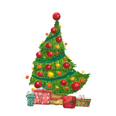 Christmas tree decorated with toys with boxes of gifts. Hand drawn watercolor illustration. New Year, Christmas, holiday, isolate, postcard, spruce, pine, tree, Christmas tree toy, garland