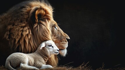 Naklejka premium A close-up photograph capturing a lion and a lamb peacefully resting side by side. The lions majestic profile is prominent in the image, contrasting with the lambs gentle demeanor