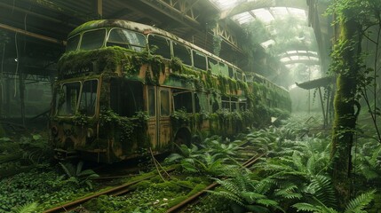 Abandoned city bus station debris with green plants growing. Post apocalypse scene.