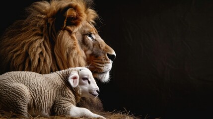Fototapeta premium A close-up photograph captures the peaceful coexistence of a majestic lion and a gentle lamb, resting side by side