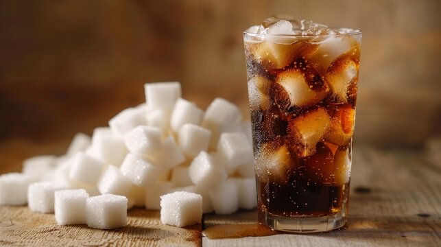 Glass of fizzy drink beside a pile of sugar cubes, demonstrating the amount of sugar it contains, for a visual impact on sugar intake