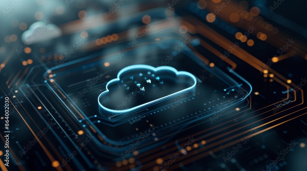 Poster a commercial photography image of a cloud computing icon displayed on a digital device screen, shot 