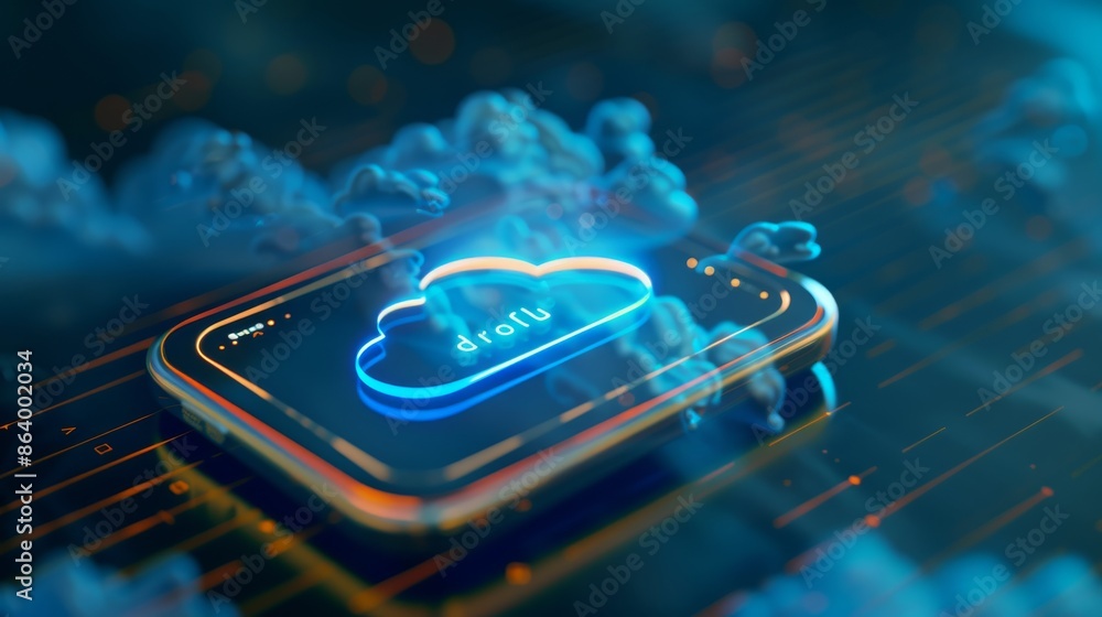 Poster a digital device screen displaying a cloud computing icon. the image is taken from a low angle, high