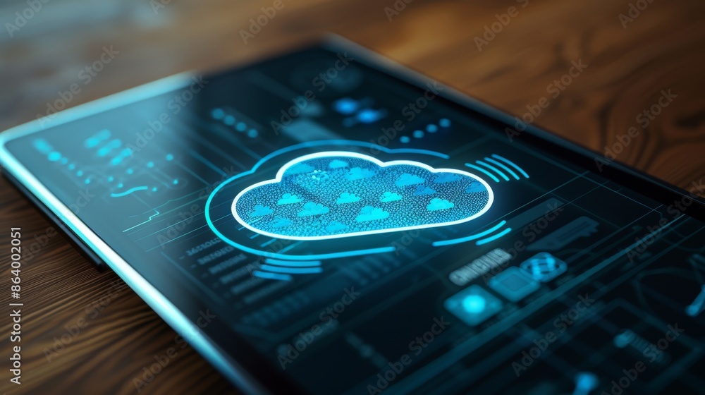 Poster a close-up photo of a digital device screen displaying a cloud computing icon, captured from an angl