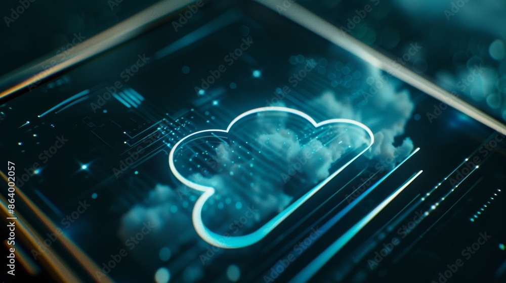 Poster a close-up shot of a digital device screen displaying a cloud computing icon, highlighting the conce