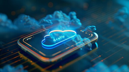 A digital device screen displaying a cloud computing icon. The image is taken from a low angle, highlighting the icons glow