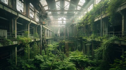 Abandoned factory plant debris with green plants growing. Post apocalypse scene.
