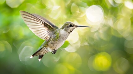 Fototapeta premium A sharp, detailed photograph of a hummingbird in mid-flight against a background of blurred green foliage. The wings are spread wide, showcasing the birds intricate feathers