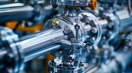 Close-up of pipeline junction in a chemical plant, showcasing precision engineering in industrial construction and operation