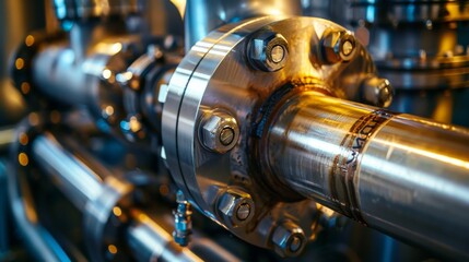A detailed closeup image of a pipeline junction in a chemical processing plant, showcasing the precision engineering and craftsmanship of the intricate design