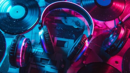 A neon cassette tape rests amidst a collection of vintage vinyl records and headphones, bathed in pink and blue lighting. The scene evokes a nostalgic atmosphere of past music technologies