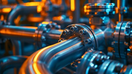 Fototapeta premium Detailed image of a pipeline junction in a chemical plant, showcasing precision engineering and intricate connections of industrial infrastructure