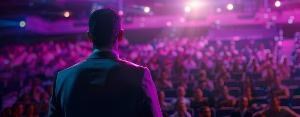 A confident man in a suit is giving a speech to the audience at a business conference or stadium In the background, people are watching and listening on stage with colorful lights.