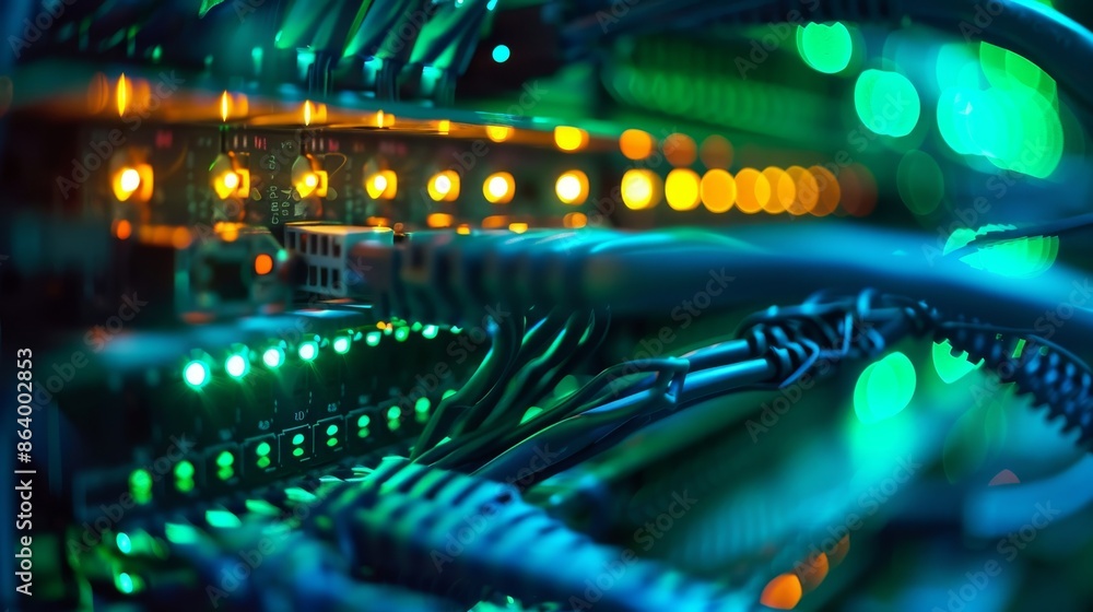 Poster a dynamic close-up photo of a modern edge computing server rack, highlighting the complex network of