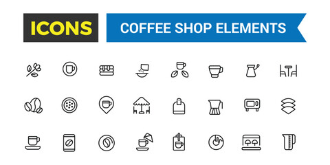 Coffee house, coffee shop icon set. Outline icons pack. Editable vector icon and illustration.