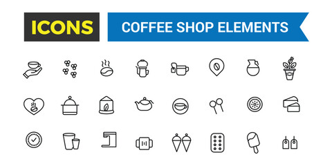 Coffee house, coffee shop icon set. Outline icons pack. Editable vector icon and illustration.