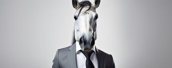 Horse Head Wearing a Suit Against a White Background