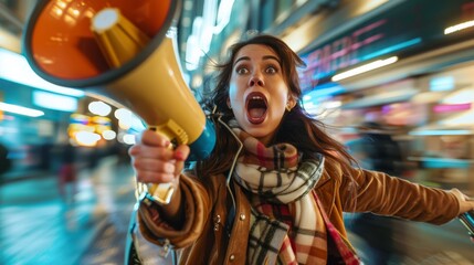 A woman with dark hair holds a megaphone, announcing sales and discounts on a busy city street. Her expression is excited and energetic, with blurred lights in the background