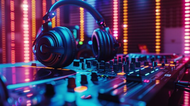 A close-up shot of a DJ mixer and headphones illuminated by vibrant LED lights, suggesting a nighttime studio setting