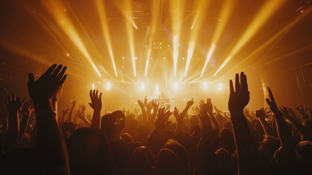 A dynamic photo capturing the silhouette of a diverse crowd cheering enthusiastically under vibrant stage lights at a live music event
